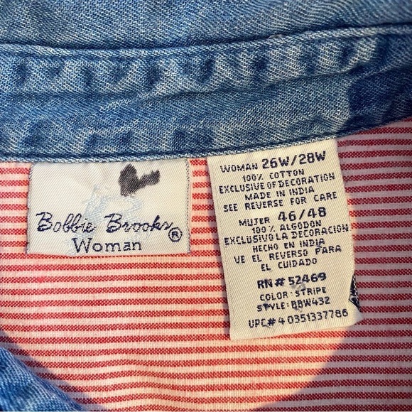 Bobbie Brooks Woman Plus size 26-28W Nautical red white stripe Embroidered Shirt - Picture 6 of 6